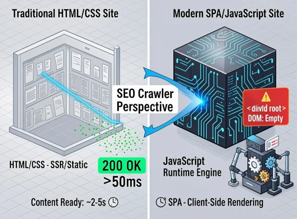 Infographie comparant l'indexation d'un site HTML classique versus une Single Page Application complexe